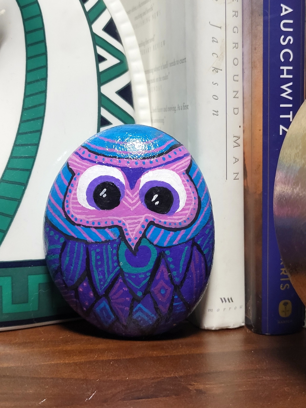 Hand-Painted Purple & Blue Owl Decorative Stone - Home Office Accent